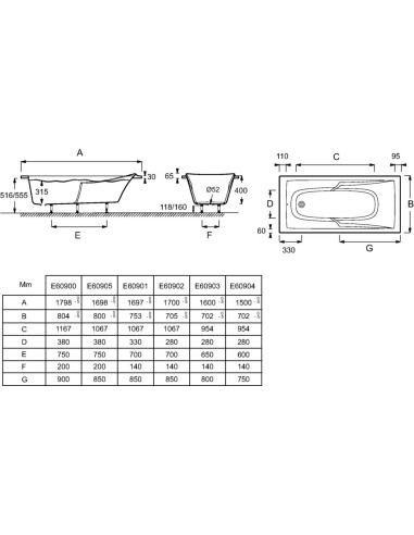 Baignoire acrylique CORVETTE 70 ou 75 x 170 cm - Jacob Delafon