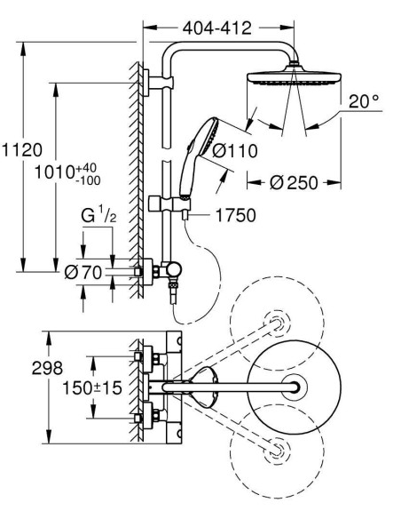 Colonne de douche thermostatique Chromé Tempesta Syst 250  - Grohé