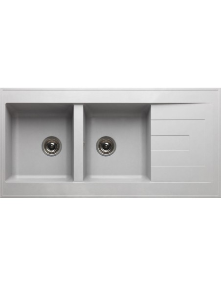 Evier en résine SMC à poser 1200 x 600 mm, 2 cuves et 1 égouttoir, gris béton, vidage complet