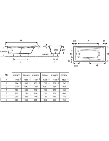 Baignoire CORVETTE 3 170x70cm blanche avec...