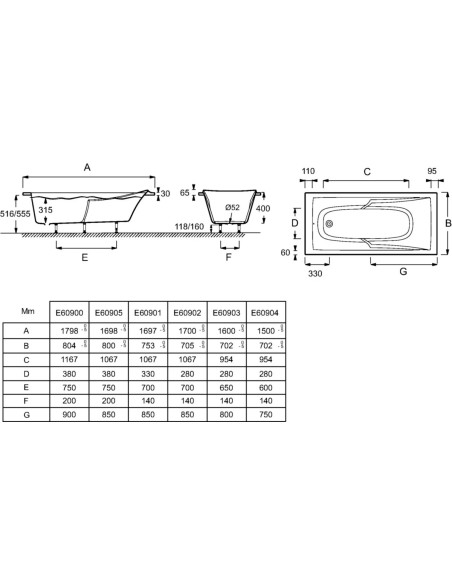 copy of Baignoire CORVETTE 3 160x70cm blanche avec pieds réglables